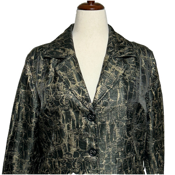 Chicos Blazer Womens XL 3 Black Metallic Gold Owl Print Button Front Jacket - Picture 1 of 12